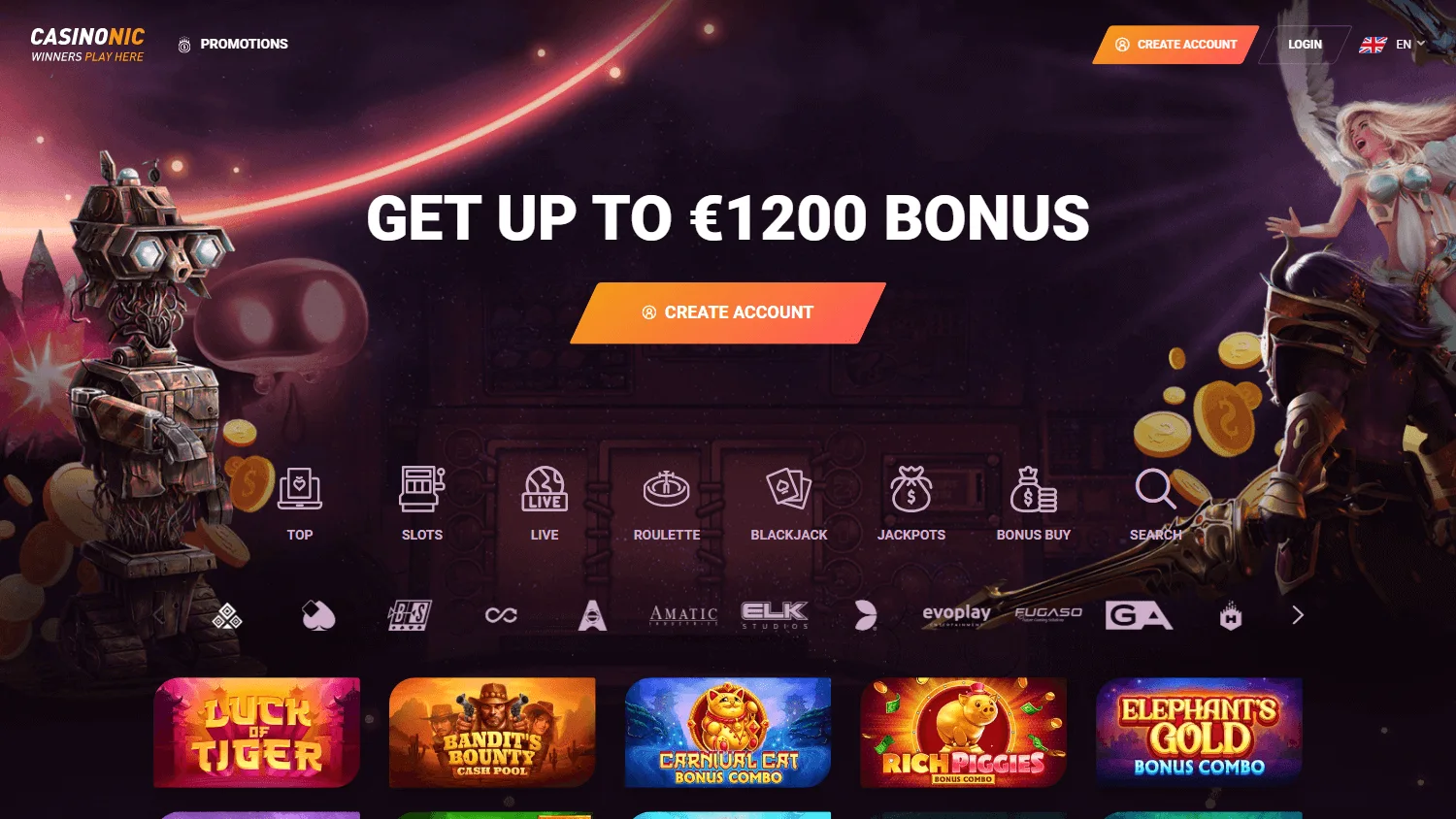 Casinonic desktop casino home screen with account and gaming information