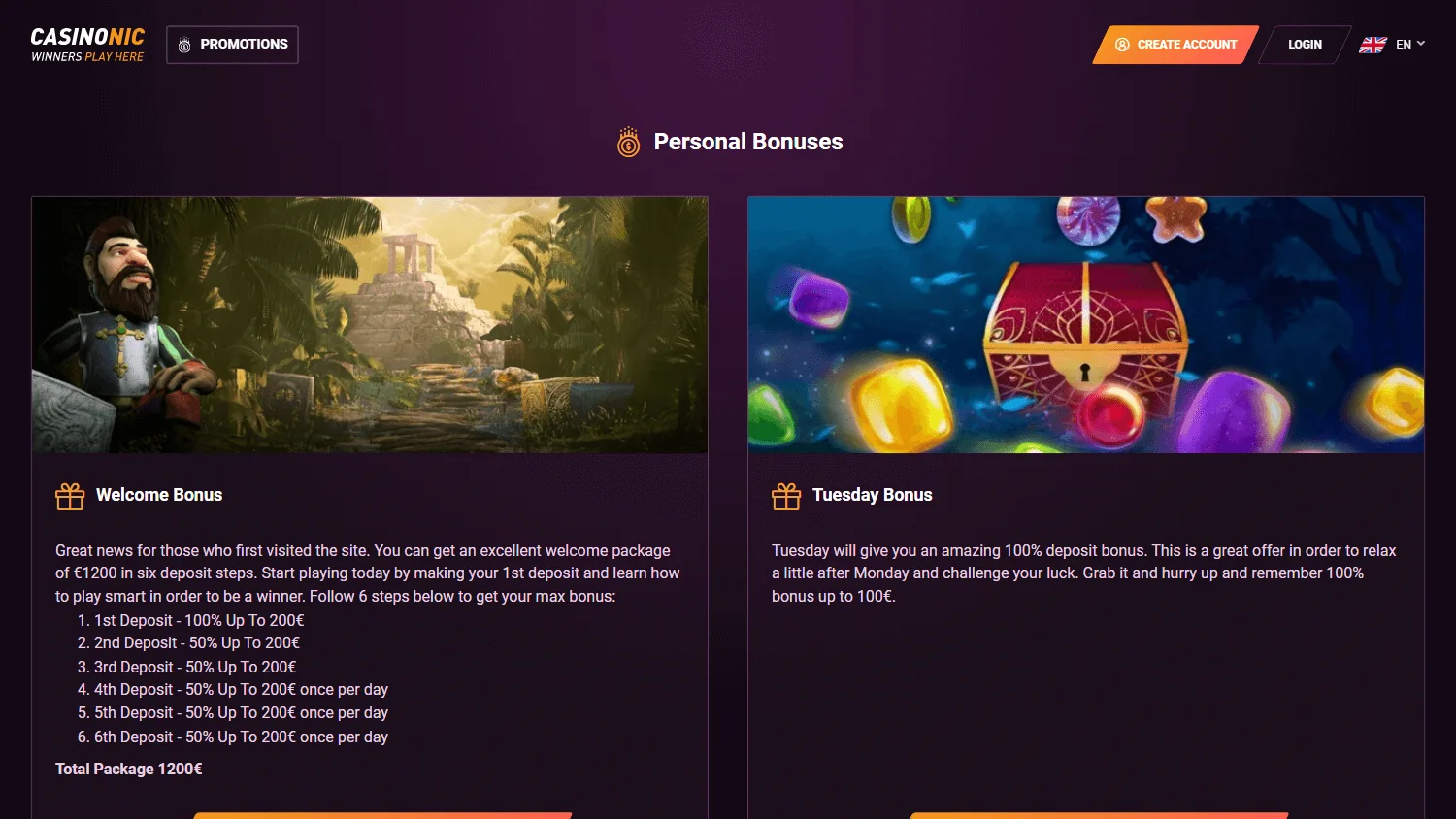 Casinonic desktop promotions screen with recurring offers