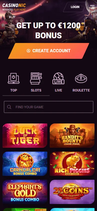 Casinonic mobile casino home screen with games and account features